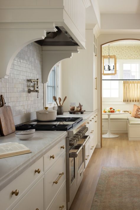 Coronado G - South Harlow Interiors #kitchen #hood #rangehood #kitcheninspo #interiordesign #housebeautiful Farmhouse Kitchen Flooring, Patterned Window Treatments, Trendy Farmhouse Kitchen, Limestone Pavers, Butcher Block Kitchen, Timeless Kitchen, Quartz Kitchen, Oak Panels, Zellige Tile