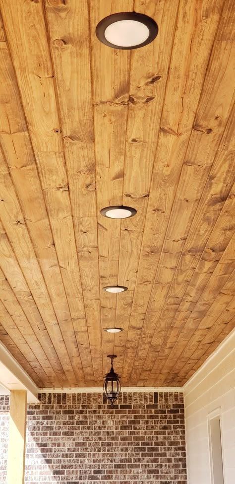 Stained Pine Ceiling Outdoor, Stained Wooden Ceilings, Stained Yellow Pine Ceiling, Tongue And Groove Front Porch, Wood Ceiling Stain Colors, Porch Tongue And Groove Ceiling, Stained Wood Ceiling Porch, Yellow Pine Ceiling, Wooden Porch Ceiling