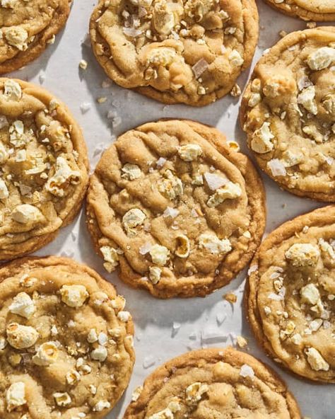 popcorn cookies on parchment Buttered Popcorn, Salty Cookies, Simple Baking, Baking Projects, Cream Biscuits, Butter Popcorn, No Knead Bread, Baking Project, Sugar Cookies Recipe