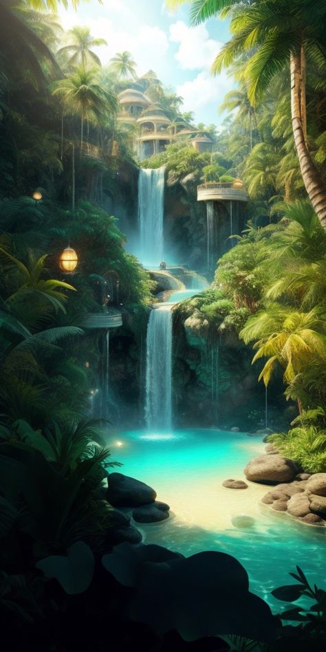 Fantasy Lagoon, Vedic Civilization, Cliff Palace, Anime Island, Ancient Atlantis, Waterfall Background, Greek Garden, Silent Running, Phone Wallpapers Vintage