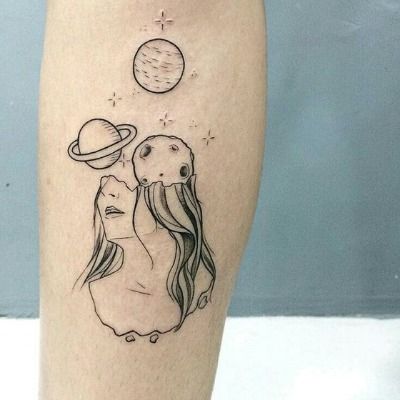 Be In The Right Head Space Space Line Tattoo, Head In Space Tattoo, Psychadelic Tattoo, Dreamer Tattoo, Tato Flash, Planet Tattoos, Galaxy Tattoo, Space Tattoo, Line Art Tattoos