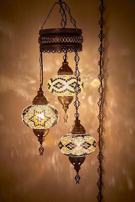 DEMMEX PLUGIN Turkish Moroccan Mosaic Chandelier Light, Ceiling Hanging Lamp Pendant Light Fixture with 15ft 4.5mt Cord Chain and Plug, Handmade, Customizable (3 Big Globes PLUGIN, 37"- 95cm Height) - Amazon.com Morrocan Lamps, Turkish Hanging Lamp, Moroccan Chandelier, Turkish Lights, Turkish Decor, Turkish Mosaic Lamp, Hanging Ceiling Lamps, Turkish Lamps, Moroccan Lamp