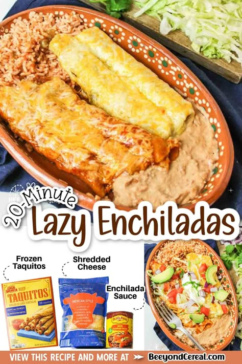 These 20-minute lazy enchiladas only take 3 ingredients and 5 minutes of prep work. Perfect for a busy day or a lazy one. You're going to love these taquito enchiladas! 3 Ingredient Enchiladas, Lazy Day Enchiladas, Enchiladas With Frozen Taquitos, Lazy Taquito Enchiladas, Beef Taquitos Enchiladas, Easy Taquito Enchiladas, Enchiladas Made With Taquitos, Chicken Taquito Enchiladas, Chicken Taquito Enchilada Casserole