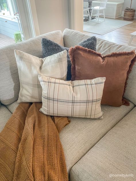 Grey Couch With Fall Pillows, Fall Throw Pillows Grey Couch, Rustic Pillows Couch Home Decor, Earth Tone Pillows Couch, Amazon Fall Pillow Covers, Tan Couch Pillows Ideas, Couch Decor Ideas Throw Pillows, Fall Pillows On Couch, Grey Couch Pillows