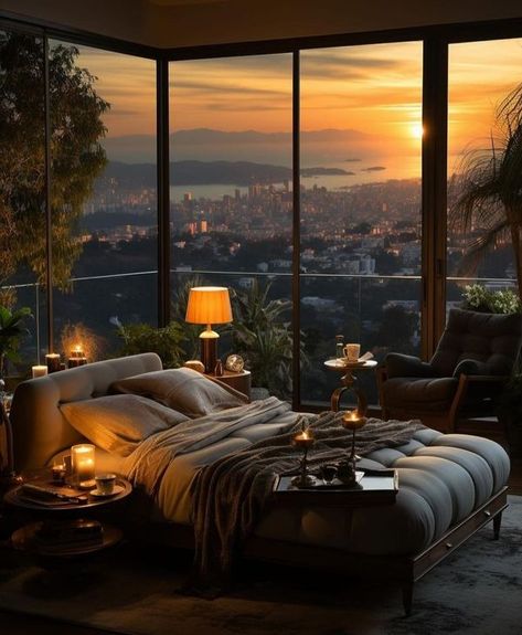 Just Decorate! | Bedroom with a breathtaking view | Facebook Master Bedrooms Decor Romantic, 1980s Interior, Villa Bedroom, Decorate Bedroom, Cozy Places, Curated Decor, Tree House Decor, Home Decor Crate, Aesthetic Rooms