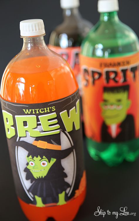 Free printable 2 liter bottle labels for Halloween: Witches Brew #print #halloween skiptomylou.org Halloween Party Backdrop, Halloween Bottle Labels, 2 Liter Bottle, Halloween Class Party, Free Printable Halloween, Skip To My Lou, Halloween Bottles, Halloween Labels, Halloween Makeup Scary