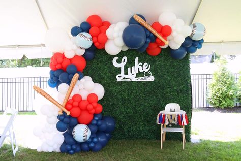 Baseball First Birthday | CatchMyParty.com Rookie Of The Year Backdrop, Rookie Year First Birthday, Dodgers Birthday Party, Baseball Birthday Party Ideas, Baseball Banquet, Baseball First Birthday, First Birthday Balloons, Baseball Birthday Party, Twins 1st Birthdays