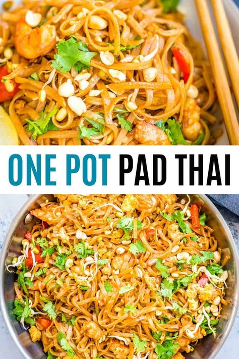 Pad Thai is a one-pot dish made with flat rice noodles, chicken or shrimp, bean sprouts, and a sweet-savory sauce. It's healthy and easy to make! #RealHousemoms #padthai #onepot #shrimp #easydinner #dinnerrecipe How To Make Pad Thai, One Pot Pad Thai Recipe, One Pot Pad Thai, Nonveg Recipes, Flat Rice Noodles, Easy Thai Recipes, Noodles Chicken, Singapore Noodles, Pad Thai Sauce