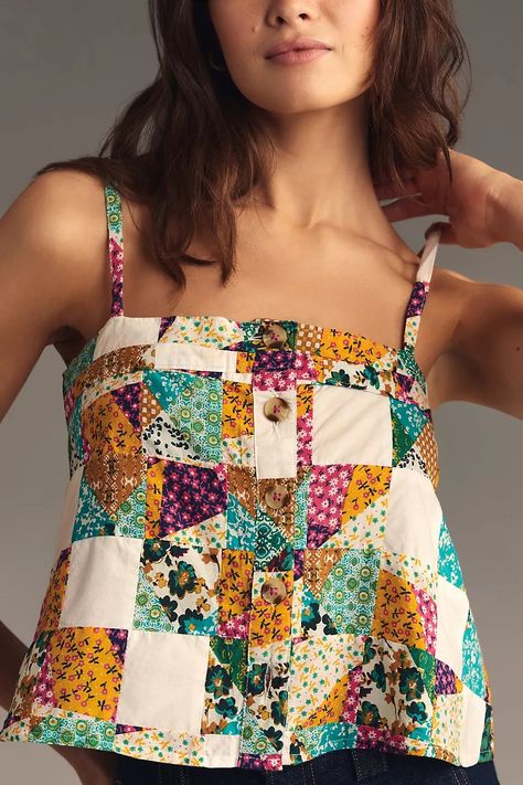 Pilcro Patchwork Button-Front Boxy Vest Top | Anthropologie UK Boxy Tank Top, Patchwork Trends, Fitted Jeans, Anthropologie Style, Blouse Pattern Sewing, Silhouette Crafts, Cotton Pullover, Boho Blouses, Fashion 2020