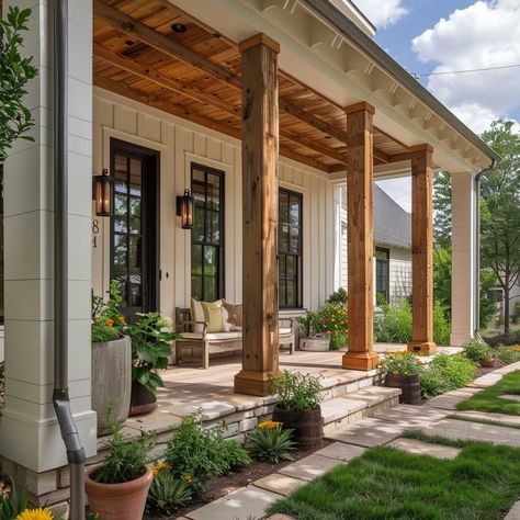 9+ Minimalist Front Porch Columns Ideas for a Clean Design • 333k+ Inspiring Lifestyle Ideas & Images Side Entry Garage Landscaping, Modern Farmhouse Front Landscaping, Front Porch Column Ideas, Raised Porch, Minimalist Front Porch, Columns Ideas, House With Front Porch, Front Porch Pergola, Craftsman Style Porch