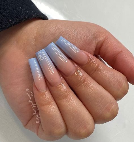 Light Blue Nails With J Initial, Ombre Acrylic Nails With Initial, Ombré Nails With Initial, Initial On Acrylic Nail, Initial Acrylic Nails Coffin, Blue Acrylic Nails With Initials On Them, Blue Nails With Initials Acrylic, Baby Boy Acrylic Nails, Acrylics With Initials