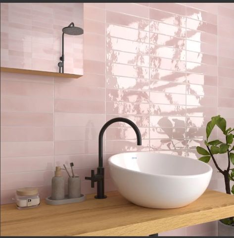 Pink Tiles Bathroom, Pink Subway Tile, Porcelain Subway Tile, Pink Tile Bathroom, Pink Gloss, Pink Tiles, Water Closet, Bathroom Reno, Bathroom Renos