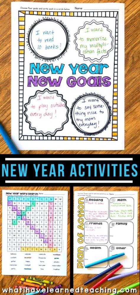 New Year Activities for elementary students that are perfect for the first week back to school after the holiday break! Includes new year goal setting, creating an action plan, word search, and more fun activities to keep students busy! New Year Writing Activities, New Years Activities For Kids, Making Words Activities, Winter Break Activities, New Year Words, Student Board, January Activities, New Years Activities, Elementary Lesson Plans