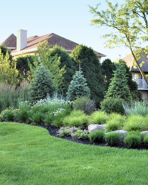 Landscaping Along Garage, Pnw Landscape Design, Colorado Backyard Landscaping, Pine Trees Landscaping, Log Cabin Landscaping Ideas, Landscaping With Grasses, Sloped Front Yard Landscaping, Midwest Backyard, Oklahoma Landscape