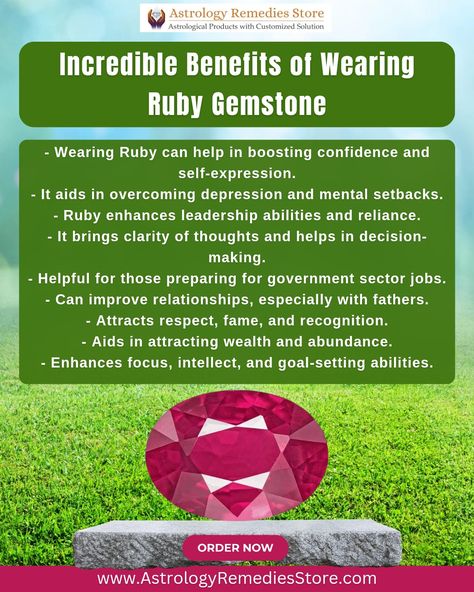 Incredible Benefits of Wearing Ruby Gemstone:  - Ruby has been historically worn by kings and high authorities, symbolizing status, prosperity, and gains.  - In Vedic Astrology, it is associated with the Sun and is recommended for individuals with weak or afflicted Suns in their Kundali. - Wearing Ruby enhances leadership abilities and reliance, as the Sun represents the soul and ability to lead.  #Rubygemstone #Manik #AstrologyRemediesStore #Gemstone #NaturalGemstone #Gems #AstrologyRemedies Diamond Meaning, Astrology Remedy, Leadership Abilities, July Birthstone Jewelry, How To Improve Relationship, Vedic Astrology, Attract Wealth, July Birthstone, Confidence Boost