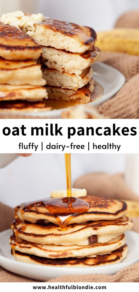 dairy-free quick and easy ultra-fluffy oat milk pancakes Fluffy Oat Flour Pancakes, Non Dairy Pancake Recipe, Oat Milk Pancake Recipe, Healthy Dairy Free Pancakes, Pancakes With Oat Milk, Oatmilk Pancakes Recipe, Healthy American Pancakes, Oat Milk Recipes Healthy Breakfasts, Oat Milk Pancakes