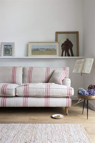 Alwinton Sofa in Walloon Stripe. This sofa in this fabric can be ordered online Pink Stripe Sofa, Sofa With Slipcover, Patterned Sofa Living Room, Cottage Sofa Ideas, Pinstripe Couch, Ticking Sofa, Striped Sofas, Sofa In Kitchen, Ticking Stripe Sofa