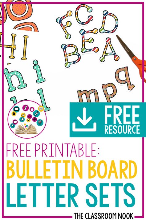 Grab 6 FREE sets of bulletin board letters to use in your classroom!  PLUS:  Learn how to make your own using PowerPoint!#bulletinboards #classroomdecor #diy #classroomdiy Free Bulletin Board Borders, Bulletin Board Printables Free, Bulletin Board Letters Free Printables Classroom, Letters For Bulletin Boards Printable, Bulletin Letters Printable Free, Look What We Are Learning Bulletin Board, Bulletin Board Borders Printable Free, Free Bulletin Board Printables, Bulletin Board Letters Free Printables