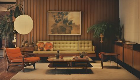 1965 Interior Design, Nostalgic Interior Design, 60s Art Deco Interior Design, Retro Lounge Room Ideas, 70s Post Modern Interior Design, 60s Flat Interior, 70s Studio Apartment, 70s Inspired Office, 40s Interior Design