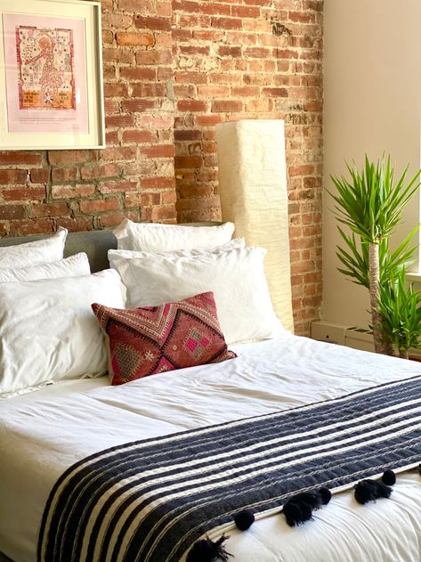 Brick Bedroom Ideas, Exposed Brick Bedroom, Bedroom Brick Wall, Statement Marble, Brick Wall Bedroom, Brick Bedroom, Nesting Side Tables, Berlin Apartment, Victorian Townhouse