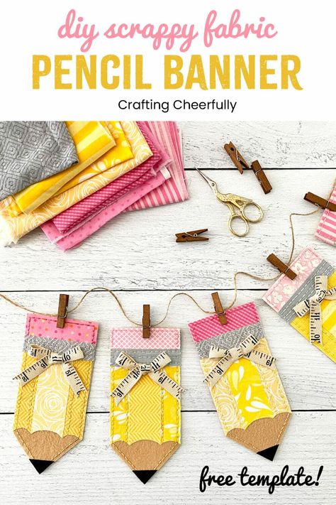 Learn how to make a sweet fabric pencil banner using felt and fabric scraps! This banner is a fun way to decorate for back-to-school and is perfect for learning spaces. Grab my free template to help you get started! Fabric Crafts For Preschoolers, Sewing For The Classroom, Back To School Garland Diy, Pencil Bows Diy, Diy Scrap Fabric Ideas, Sewing Banner Design, Teacher Sewing Projects, Diy Pencil Decoration Ideas, Teacher Gifts Sewing