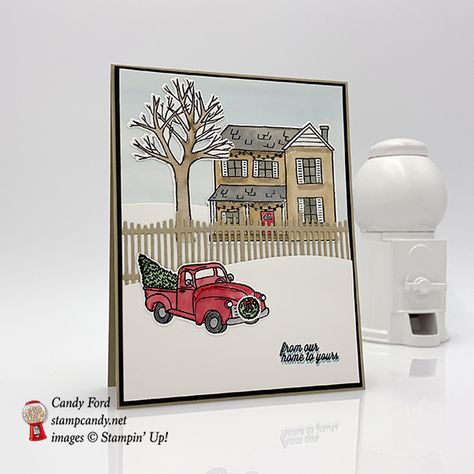 Stampin Up Farmhouse Christmas Cards, Stampin Up Farmhouse Christmas, Layered Watercolor, Truck Cards, Papercraft Christmas Cards, Christmas Cards 2018, House Cards, Chirstmas Decor, Farm Christmas