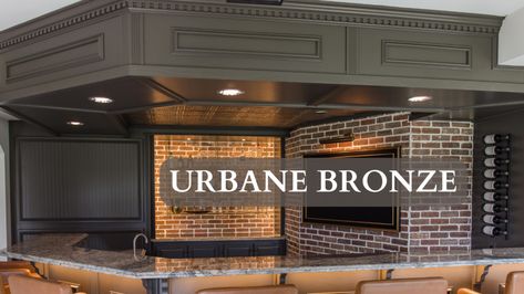 Urbane Bronze Paint Color on Cabinets Urbane Bronze Kitchen Cabinets, Urbane Bronze Cabinets, Bronze Kitchen Cabinets, Urbane Bronze Kitchen, Roycroft Bronze Green, Bronze Paint Color, Basement Bar Cabinets, Sherwin Williams Urbane Bronze, Brick Colonial House