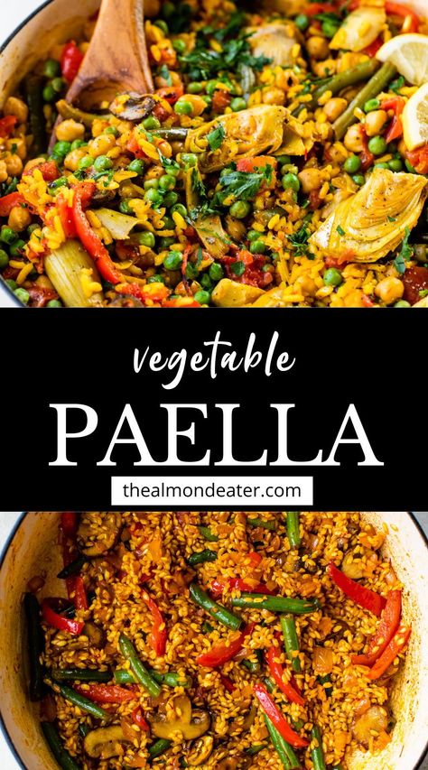 This Vegetable Paella recipe is easy to make in one pot with vibrant veggies, protein-packed chickpeas, and aromatic spiced rice. It’s ready in about 1 hour and can be enjoyed as a mouthwatering Spanish-inspired vegetarian and vegan-friendly main course! Vegetarian Paella Spanish, Veggie Paella Recipe, One Pot Rice Recipes Vegetarian, Paella Valenciana Recipe, Protein Packed Vegan Meals, Vegan Paella Recipe, Paella Recipe Vegetarian, Vegetarian Paella Recipe, Vegetarian Meals Aesthetic