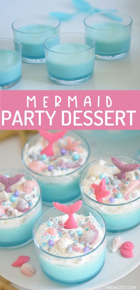 Mermaid Jello Cups are a simple but magical mermaid party idea that guests of all ages will love. Dive into jello mousse cups topped with whipped topping, fun sprinkles, chocolate mermaid tail and sea shells! Mermaid Party Dessert Ideas, Seashell Desserts, Mermaid Jello Ideas, Mermaid Party Food Ideas Snacks, Mermaid Birthday Treats, Mermaid Jello, Mermaid Jello Shots, Mermaid Dessert Ideas, Mermaid Party Appetizers