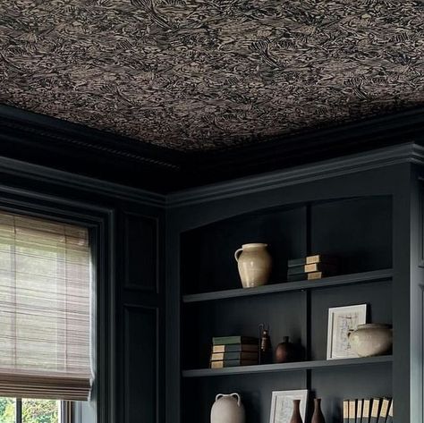 Moody Office Wallpaper, Feature Wall Ideas Living Room Wallpaper, Moody Office, Dark Green Living Room, Moody Living Room, Dark Ceiling, Feature Wall Living Room, Ceiling Wallpaper, Dark Living Rooms