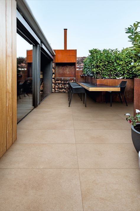 Design a serene corner on your terrace with stone-effect porcelain tiles that are both safe and low-maintenance. Discover Realstone Jerusalem XT20 collection on our website and be inspired Terrace Flooring Ideas, Terrace Tiles Outdoor, Tiled Balcony, Big Balcony Ideas, 2nd Floor Balcony, Penthouse Ideas, Balcony Tiles, Terrace Tiles, Terrace Floor