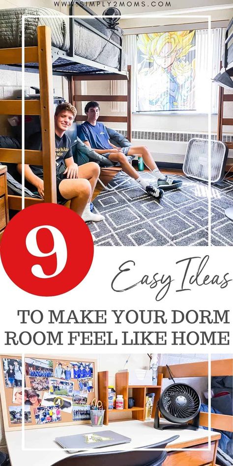 Want to create a cozy space to live while away at college? Check out these 9 simple ways to make your dorm room feel like home. Dorm rooms are cold and sterile when you move in but with our tips and tricks, you can make your new home away from home feel comfortable. Area rugs and extra seating are great ideas. Cozy bedding is essential. TV, gaming console, mini fridge and microwave are also ideas to make your college dorm room feel like home. Dorm Rug Ideas, Dorm Room Loft Bed Ideas, Male Dorm Room Ideas Colleges, Minimalist Floating Shelves, Boy College Dorms, Cozy College Dorm, College Dorm Room Ideas For Guys, Dorm Room Seating, Lofted Dorm Beds