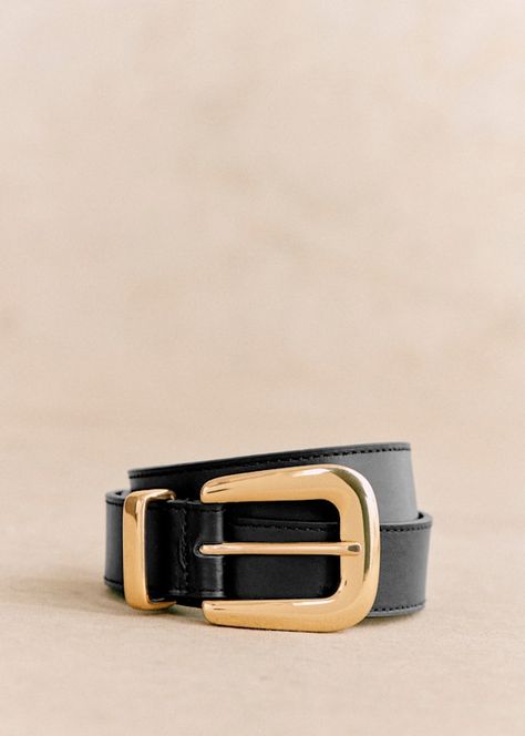 Oria Belt - Smooth Black - Bovine leather - Sézane Brass Pin, Brass Buckle, Buckle Belt, Parisian Style, Smooth Leather, Gold Finish, Belt Buckles, Buckle, Brass