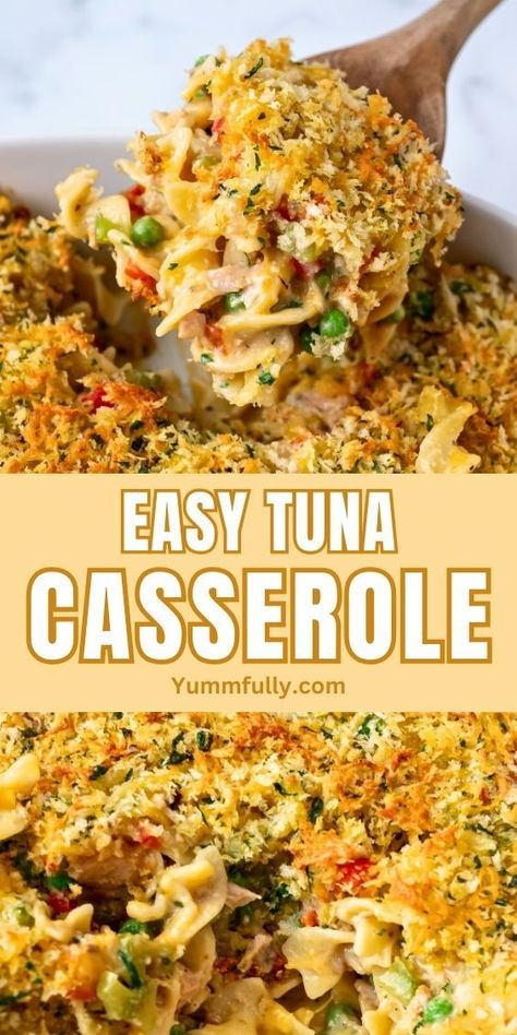 Creamy tuna casserole with egg noodles, veggies, and a crunchy Panko topping. This easy comfort dish is a family favorite! Casserole Dish Recipes, Easy Tuna Casserole, Tuna Dinners, Tuna Noodle Casserole Recipe, Tuna Casserole Easy, Spaghetti Recipes Easy, Tuna Casserole Recipes, Tuna Noodle, Tuna Noodle Casserole