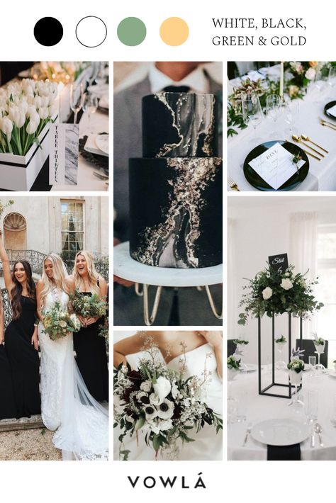 White, black, green and gold wedding color palette for a modern and minimalistic wedding. Sage Green Gold Black Wedding, Black And Gold Wedding Palette, Black White And Gold Minimalist Wedding, Green Gold White Black Wedding, Black White Green And Gold Wedding Flowers, Black Gold And Sage Wedding, Black Green And Brown Wedding, Wedding Color Combos Black, Black Silver And Green Wedding