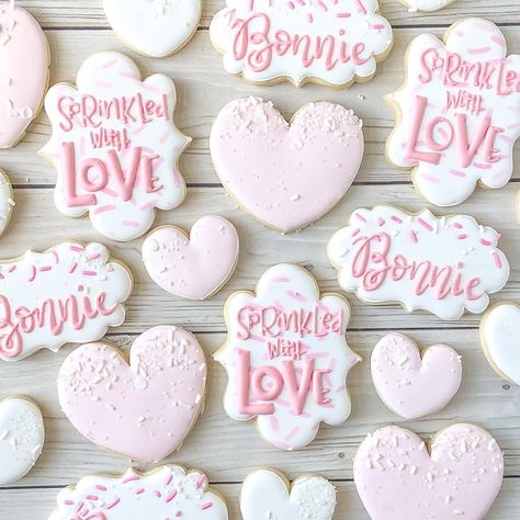 Sprinkle Shower Cookies, Valentines Baby Sprinkle, Sprinkled With Love Cookies, Baby Sprinkle Cookies, Sprinkled With Love, Sprinkle Cutout Cookies, Baby Sprinkle Cookies Girl, Pink Onesie Cookies, Baby Girl Onesie Cookies