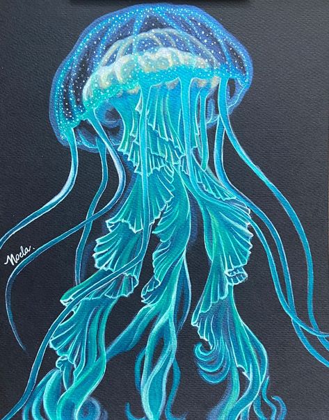 Images Of Jellyfish, Jelly Fish Black Background, Jelly Fish Pen Drawing, Blue Paper Drawing, Jellyfish On Black Paper, Blue Jellyfish Drawing, Colorful Jellyfish Painting, Underwater Chalk Art, Jellyfish Drawing Color