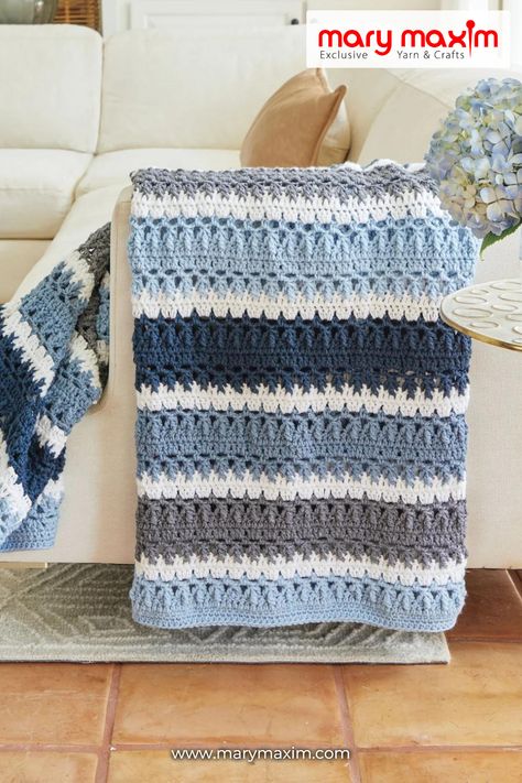 Stripe Upon Stripe Crochet Afghan 🌟  These classic stripes are the perfect combo of color and texture. Kit includes Mary Maxim Starlette yarn and pattern. Requires crochet hook I-9 (5.5 mm). Size 44" x 54". Intermediate crochet level. 🧶✨  Shop Now and create your own cozy masterpiece! 🛒  #crochet #handmade #crafting 3 Color Striped Crochet Blanket, 4 Color Striped Crochet Blanket, Random Stripe Crochet Blanket, Crochet Blanket Afghan Mary Maxim, Blue Striped Crochet Blanket, Blue Crochet Blanket, Blue Ombre Crochet Blanket, Granny Stripe Blanket, Crochet Blanket Stitch Pattern