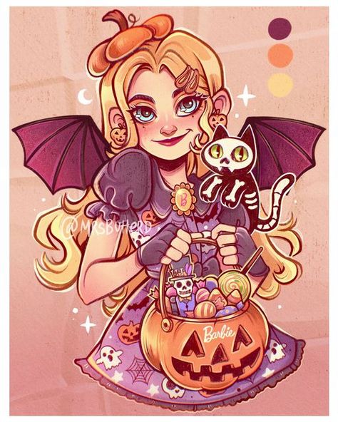 Halloween Drawings Anime, Cute Halloween Characters Drawings, Mrsbuttered Art, Mrs Butterd Art, Halloween Character Drawings, Halloween Desenho, Halloween Girl Drawing, Disney Halloween Illustrations, Disney Character Art