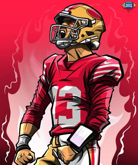 Nfl Drawings, 49ers Painting, Football Cartoon Art, Nfl Cartoon Art, Nfl Illustration, American Football Artwork, Basketball Artwork, Football Drawing, Epic Drawings