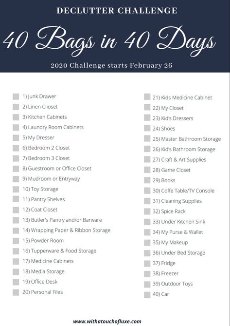 The 40 Bags in 40 Days Decluttering Challenge - With a Touch of Luxe 40 Days Of Decluttering, 40 Day Declutter Challenge, 20 Bags In 20 Days Declutter, 30 Bags In 30 Days Declutter, Declutter Challenge 2023, 40 Day Challenge, Kids Bathroom Storage, Decluttering Checklist, Decluttering Challenge