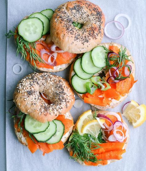 15 Thrilling Ways to Jazz Up Your *Brunch* Bagels This Weekend | Brit + Co Carrot Lox, Bagel Sandwiches, Smoked Salmon Bagel, Bagel Toppings, Lox And Bagels, Salmon Bagel, Vegan Fish, Chapati, Challah