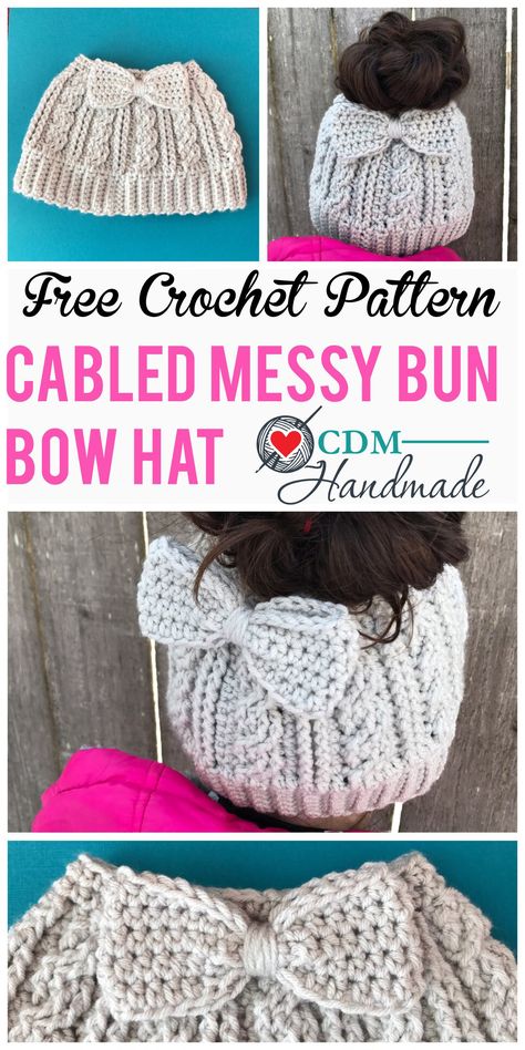 cabled messy bun bow hat pinterest Crochet Bow Pattern, Bun Bow, Crochet Bun Hat, Messy Bun Hat Pattern, Messy Bun Hat Crochet, Crochet Messy Bun, Crochet Hat With Brim, Easy Crochet Hat, Crochet Cable