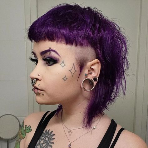 Tuike ✨ on Instagram: "💜 i love my hairrrrr 💜 . . . . . . . . . . #purplehair #purplemakeup #mullet #mullethaircut #alternative #altstyle #pierced #stretchedears #stretchedseptum #facetattoo #nonbinary #sideprofile" Mullet Haircut, Goth Hair, Dyed Hair Inspiration, Side Hairstyles, Multicolored Hair, Alternative Hair, September 23, Cut My Hair, Hair Inspo Color