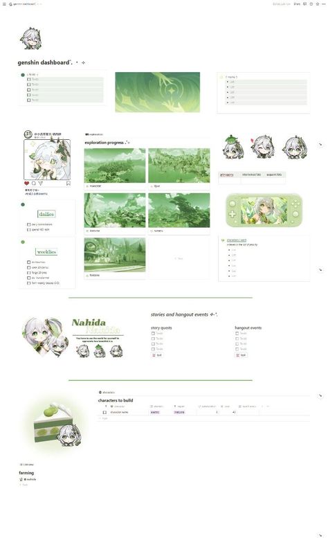 ✿ nahida green themed genshin notion Genshin Notion, Coquette Notion, Notion Board, Class Schedule Template, Etsy Planner, Goals Template, Meal Planning Template, Notion Templates, Aesthetic Green