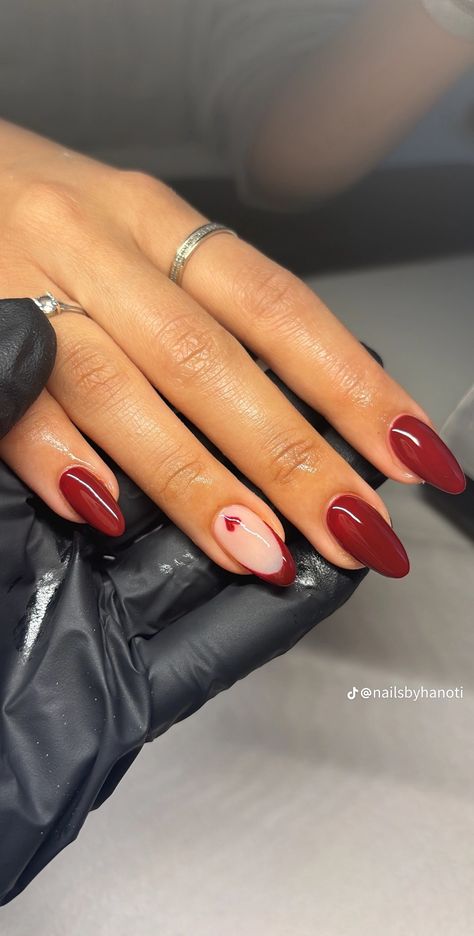 Dark Red Nails Simple Design, Dark Red Biab Nails, Red Elegant Nails Classy, Dark Red Nails With Initial, Dark Red Nails With Design Ideas, Acrylic Nails Red Almond, Simple Dark Red Nails, Dark Red Nails With Heart, Red Short Acrylics