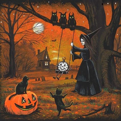 The Keeper Of Autumns Spirit on Instagram: “Margaryta Yermolayeva) titled, "Haunted Time"” Margaryta Yermolayeva, Halloween Teapot, Moon Story, Black Cat Witch, Vintage Halloween Art, Photo Halloween, Halloween Kunst, Halloween Artwork, Halloween Illustration