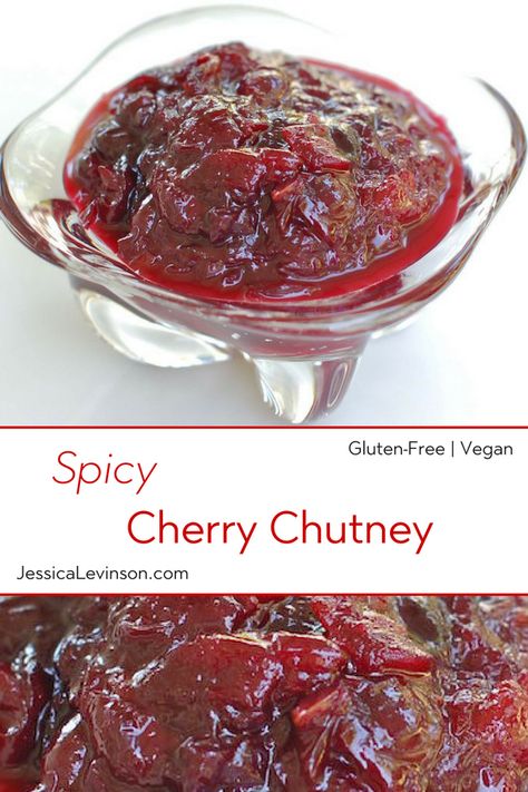 This Spicy Cherry Chutney is sweet and sour with a bit of a kick. The perfect condiment to serve at your summer barbecue! Get the recipe at JessicaLevinson.com | #cherries #cherryrecipes #chutney #condiments #lowersugar #sauces Cherry Chutney Recipe, Hot Cherry Pepper Relish, Cherry Tomato Chutney Recipe, Sweet And Spicy Relish, Spicy Chutney Recipe, Cherry Chutney, Sour Cherries, Meals Easy, Stuffing Casserole