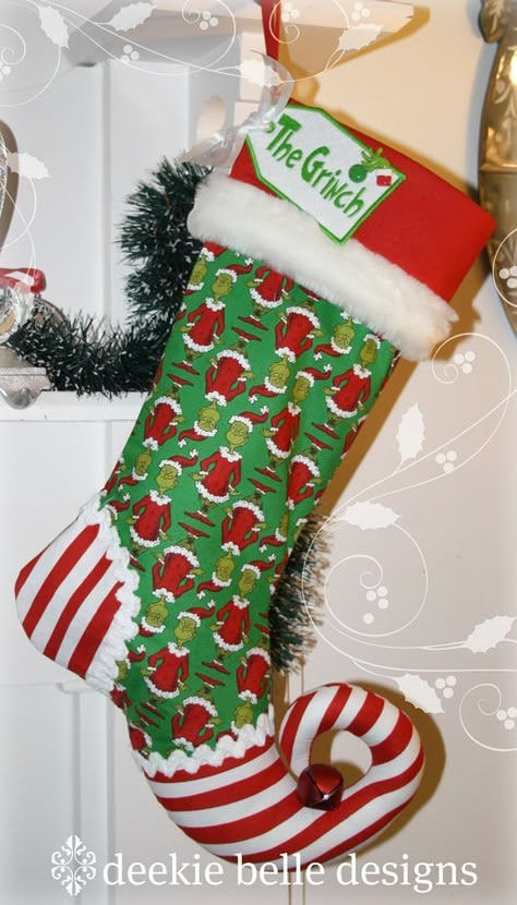 Christmas Sewing Projects Grinch, Grinch Sewing Ideas, Grinch Stocking, Christmas Stockings Ideas, Grinch Ideas, Grinch Decorations, Whoville Christmas, Grinch Christmas Party, Grinch Christmas Tree