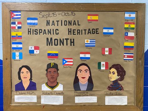 A bullentin board idea for National Hispanic Heritage Month Hispanic Heritage Month Poster Ideas, Spanish Heritage Month Decorations, Space Crafts Preschool, Heritage Month Bulletin Board, Spanish Heritage Month, Hispanic Heritage Month Bulletin Board, Hispanic Heritage Month Crafts, Spanish Teacher Classroom, Hispanic Countries